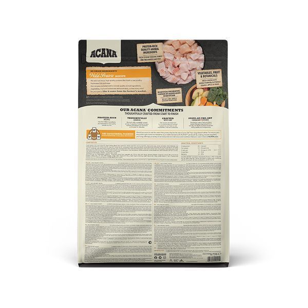 Склад корму Acana Wild Prairie Dog Recipe 2 кг &ndash; свіже м&rsquo;ясо птиці, яйця та овочі для здоров&rsquo;я і енергії вашого улюбленця. Надійне харчування!