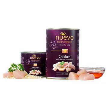 Nuevo Kitten Chicken & Salmon Oil Cans - рублене м'ясо Курки з Лососевою олією для кошенят, 200г 95113     (221) фото