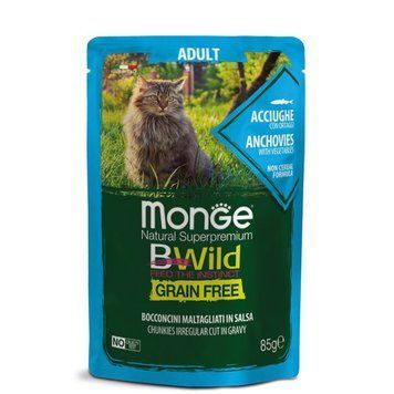 Беззерновий вологий корм Monge BWild Cat Grain Free з анчоусами та овочами, 85 г. Купуйте онлайн преміальний холістик раціон для дорослих котів усіх порід.