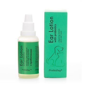 Краплі для вух ProbioDay Ear Lotion з пробіотиками для собак і котів, 30 мл. Бережно очищує слуховий прохід від сірки, бруду та патогенних бактерій. Купуйте онлайн для профілактики отитів та підтримки чистоти вушок вашого улюбленця.