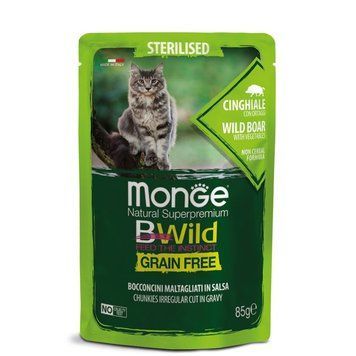 Беззерновий вологий корм Monge BWild Sterilised з м'ясом дикого кабана та овочами для котів, 85 г. Купуйте онлайн преміальний холістик раціон для стерилізованих улюбленців.