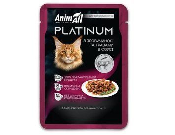 Вологий корм для котів AnimAll Platinum з яловичиною та травами, 85 г. Беззерновий раціон суперпреміум класу з високим вмістом протеїну та натуральними травами. Замовляйте онлайн для збалансованого та смачного харчування вашого кота.