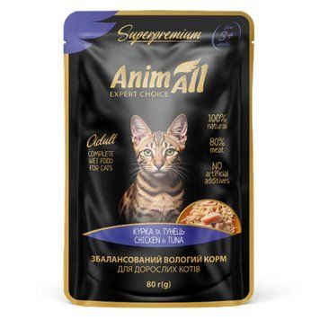 Консервований корм для котів AnimAll Superpremium з куркою та тунцем, 80 г. Натуральний раціон з добірних інгредієнтів у зручній жерстяній банці. Купуйте онлайн преміальний обід для здоров'я та енергії вашого кота.