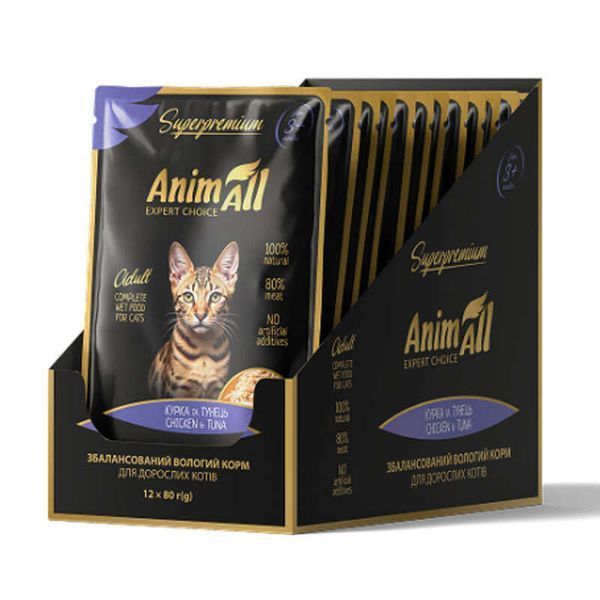 Склад та аналіз вологого корму AnimAll з куркою та тунцем: багатий на Омега-3 жирні кислоти та таурин. Обирайте перевірену якість для блискучої шерсті та міцного імунітету.