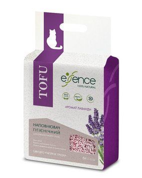 Фіолетова упаковка соєвого наповнювача Essence Tofu Lavender з квітами лаванди