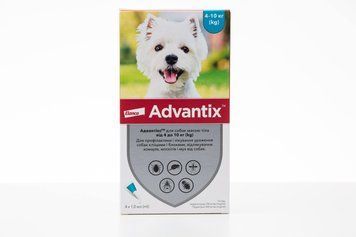 Крупний план упаковки крапель Advantix Dog Spot-On для собак вагою від 4 до 10 кг