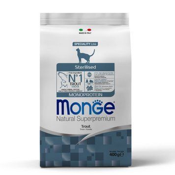 Сухий корм Monge Natural Superpremium Sterilised з фореллю для котів, 400 г. Купуйте онлайн італійський суперпреміум раціон.